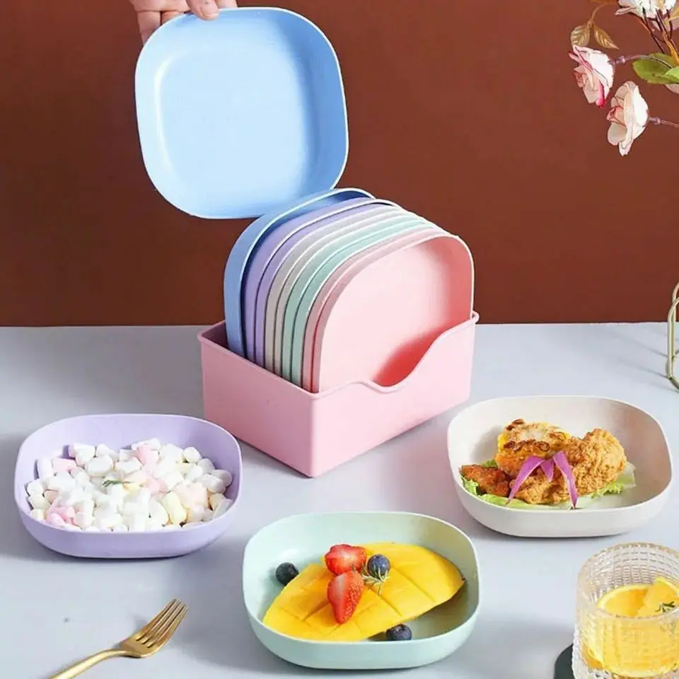 10-Piece Plastic Plate Set with Holder – Stackable Kitchen Dinnerware